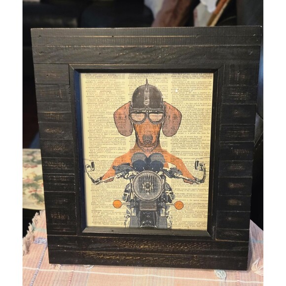 Dashschund on Motorcycle Wall Art Framed, Spike Helmet, Dictionary Background - Picture 5 of 5